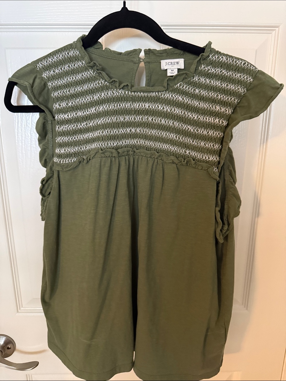 J. Crew Olive Smocked Ruffle Sleeve Camisole
